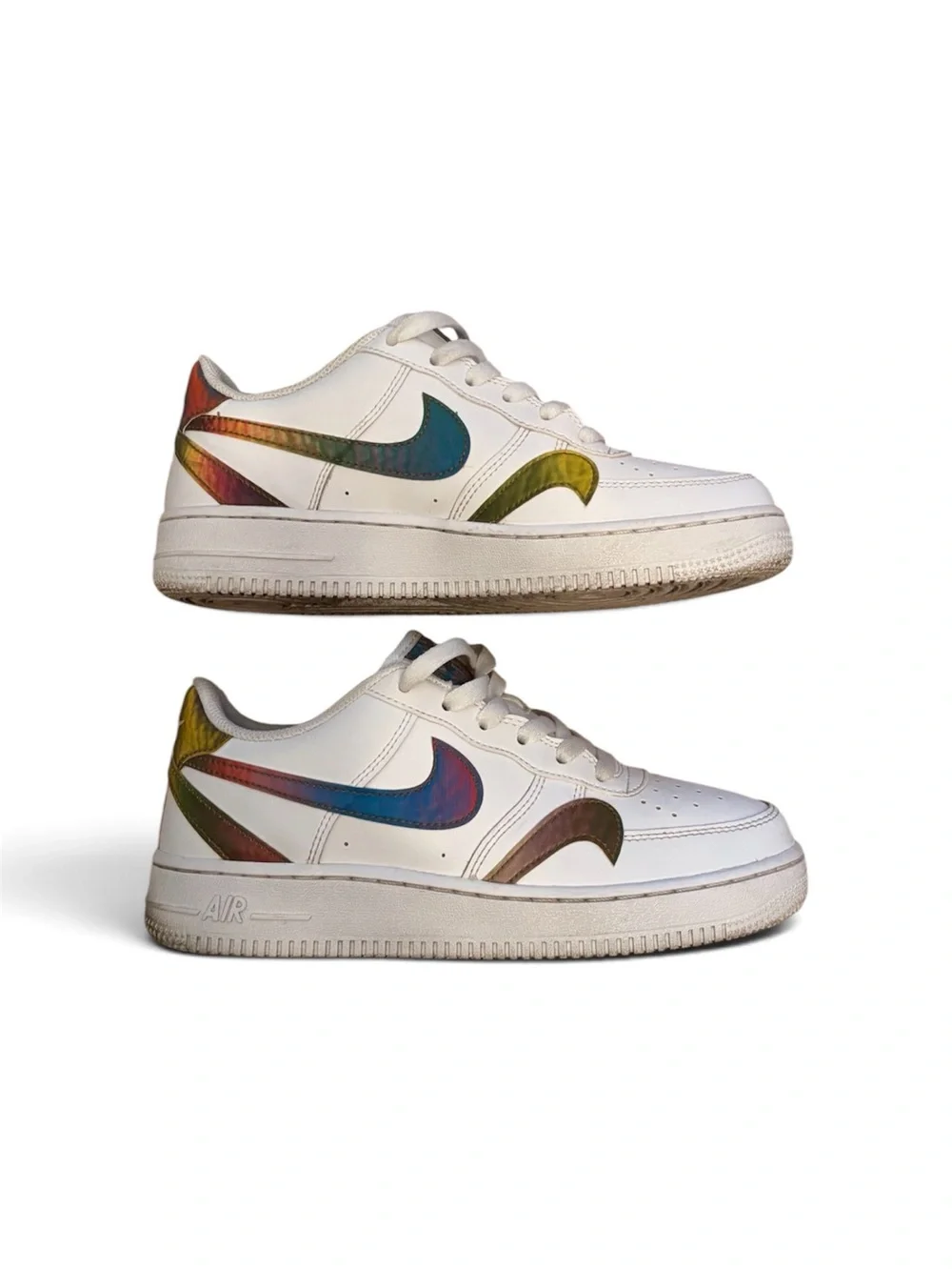 Nike Kids White Sneakers with Multicolor Swoosh Accents